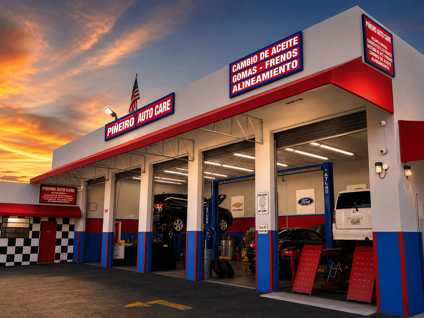 Pineiro Auto Care storefront at sunset